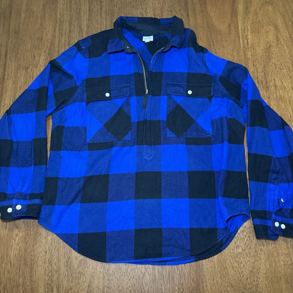 J Crew Mens XL Blue Black Buffalo Plaid Half Zip Flannel Popover Shirt E4424